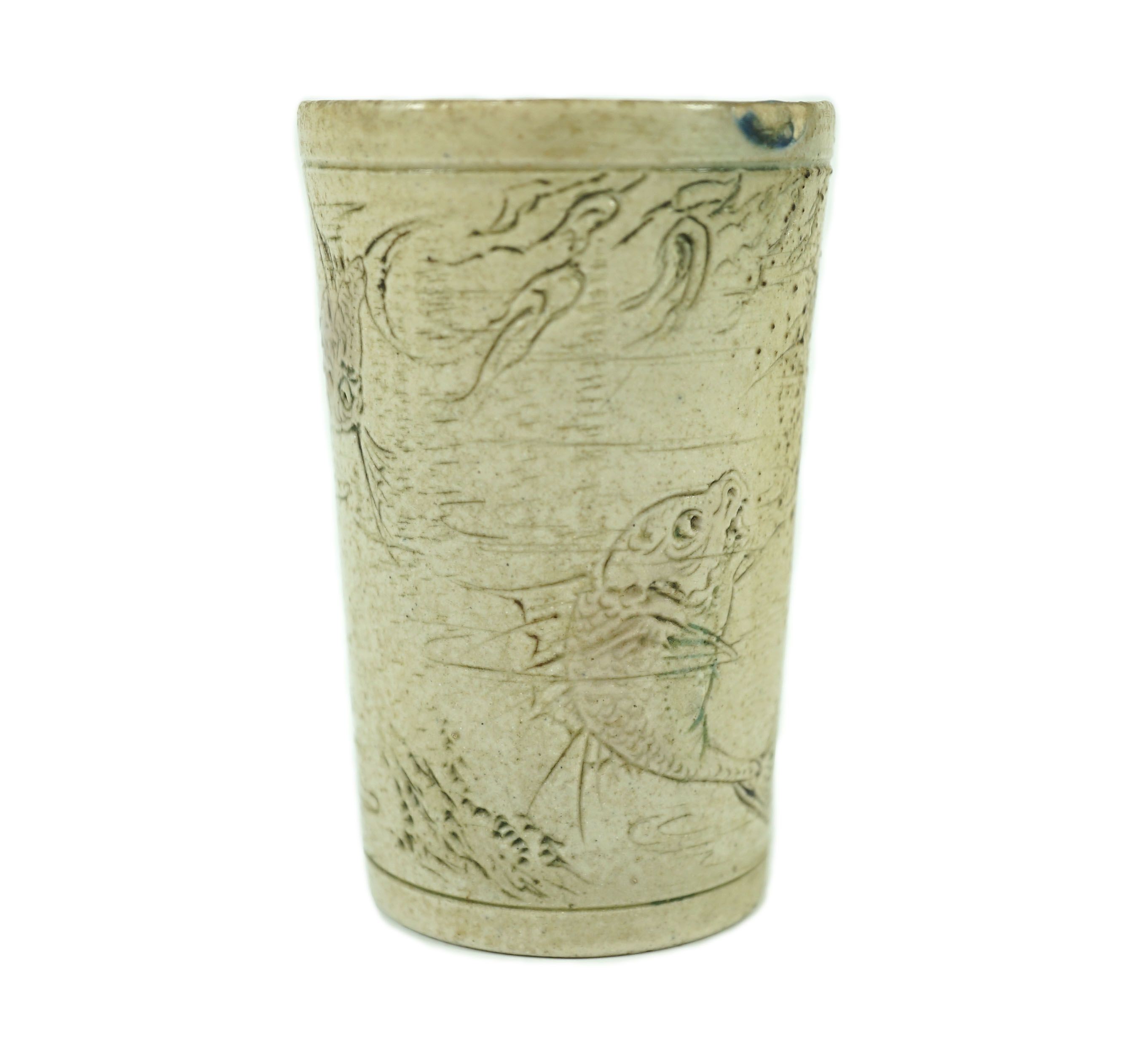 A Martin Brothers ‘grotesque fish’ beaker, dated 1914, 8.7cm high, hairline crack